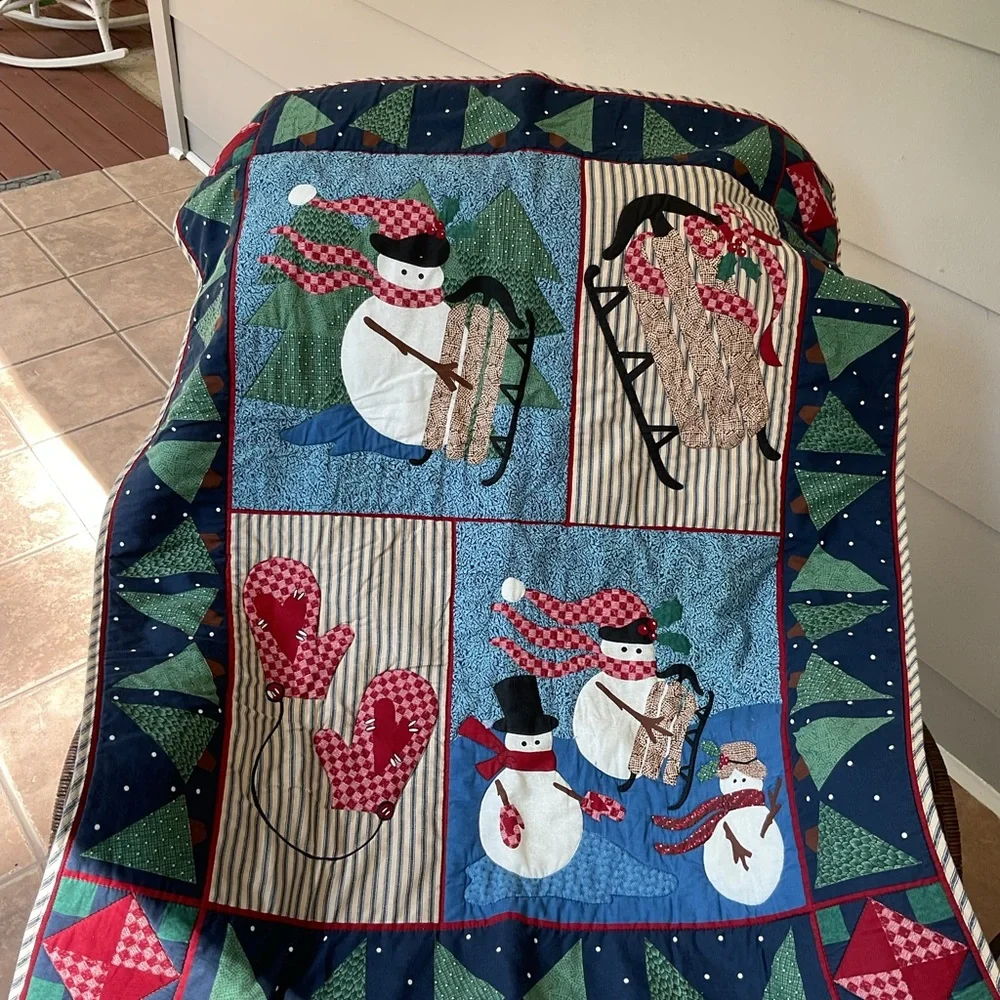 Festive Snowman Holiday Vtg Fabric Quilt wall hanging banner Flag Decor 34